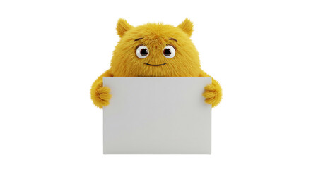 A fluffy yellow cartoon character holding a blank white sign against a black background looking...