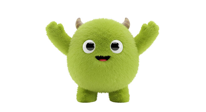A fluffy green monster with arms raised smiling and standing against a black background in a studio shot business, data