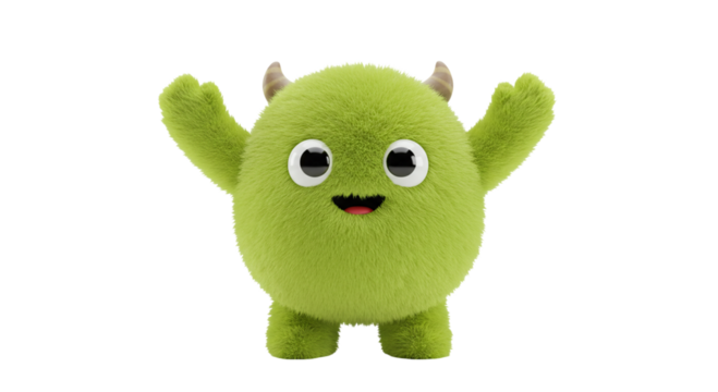A fluffy green monster with arms raised smiling and standing against a black background in a studio shot business, data