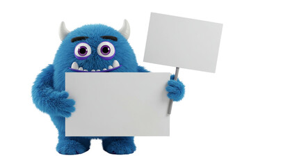 A blue furry monster holding two blank white signs on a black background with space for text business, data
