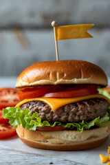 hamburger on a wooden table