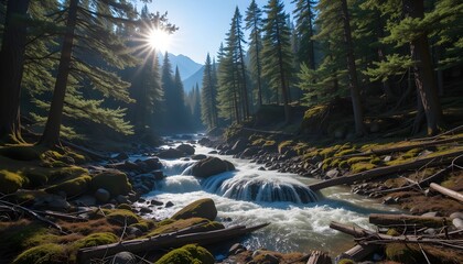 Mountain pine forest with sunlight filtering through branches, mossy ground, rocky river, clear water, fallen logs, and wild nature in a serene mountain landscape.