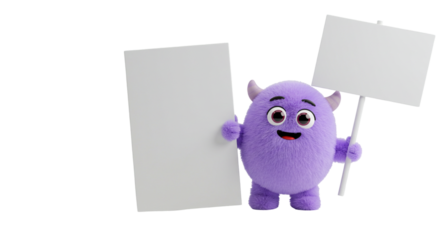 A purple cartoon monster holding two blank white signs with a happy expression on a black background business, data