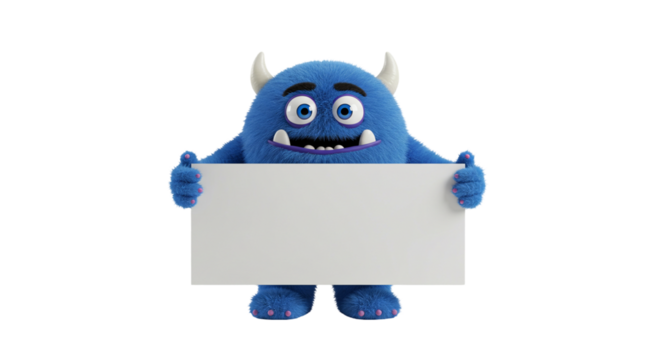 A blue cartoon monster holding a blank white sign with both hands on a black isolated background business, data