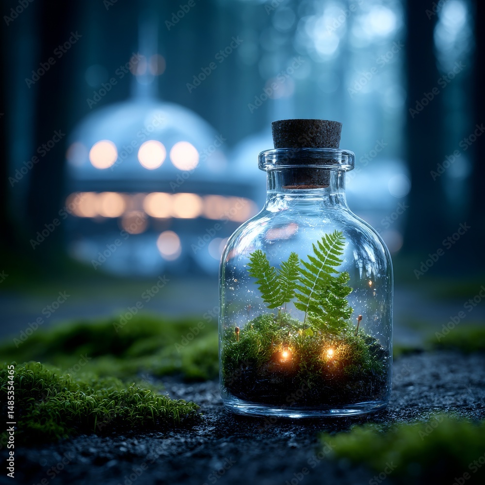 Poster enchanted forest in a jar: miniature ecosystem with ferns, moss, and magical light in a mysterious f