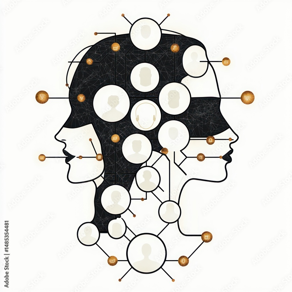 Poster abstract representation of interconnected human profiles with circular nodes and network lines symbo