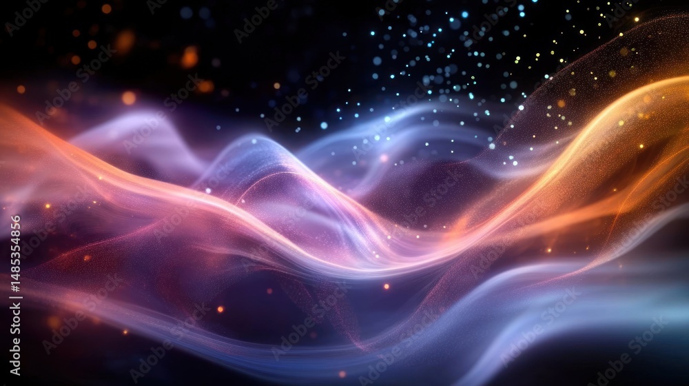Poster abstract flowing waves of colorful light particles in shades of purple, orange, and blue creating a 