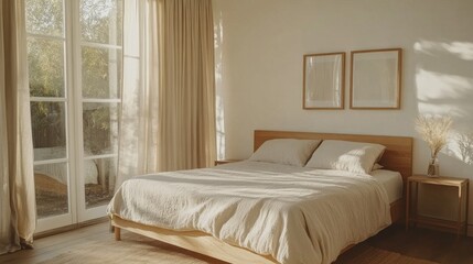 A bedroom with a white bed and white curtains