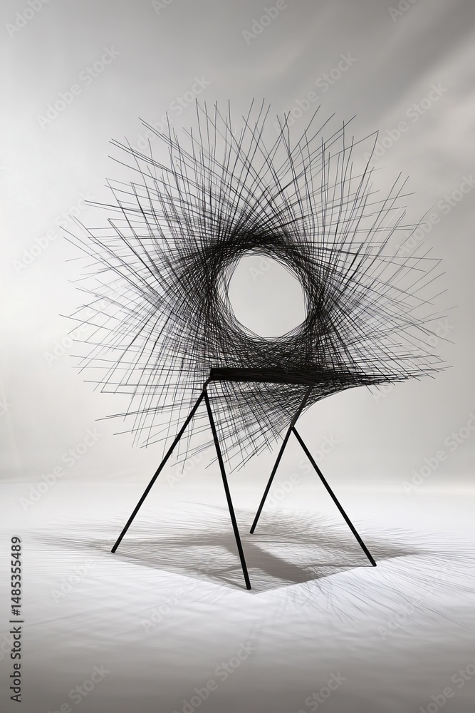 Poster abstract linear sculpture: a woven vortex of black lines creating a captivating optical illusion wit