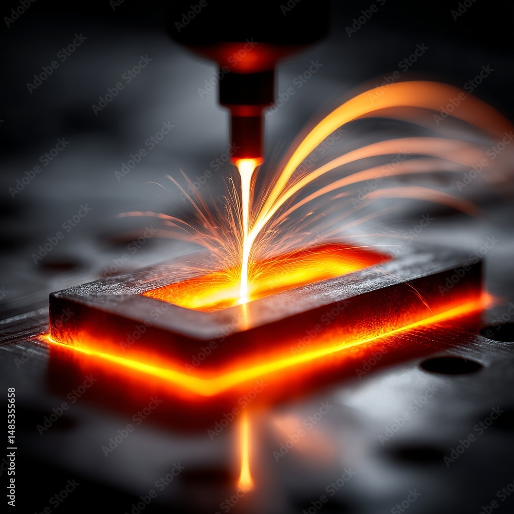 Poster laser precision: automated cutting process with intense sparks and glowing metal object detail