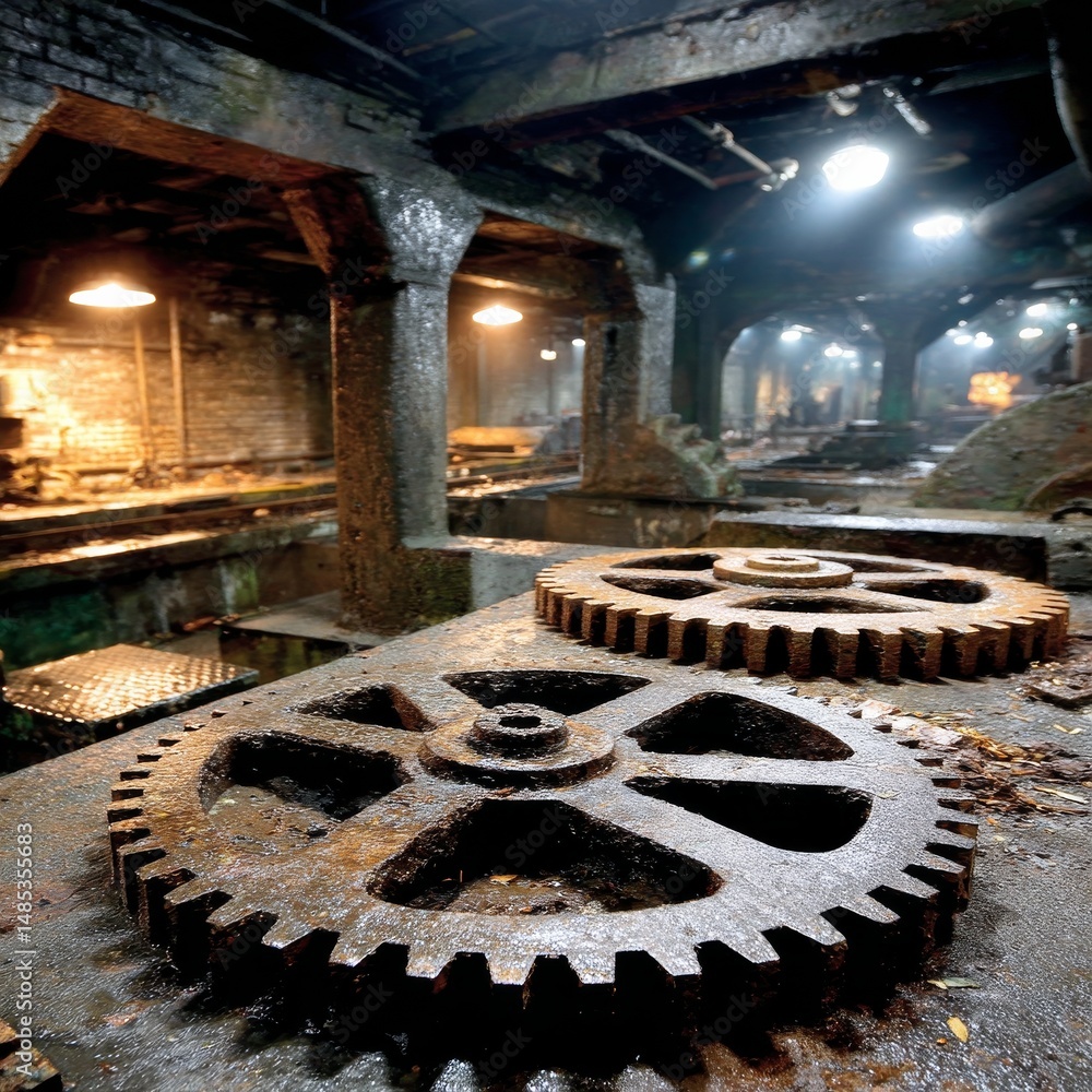 Poster lost in time: rusty gears in an abandoned factory hallway illuminated by dim lights, evoking industr