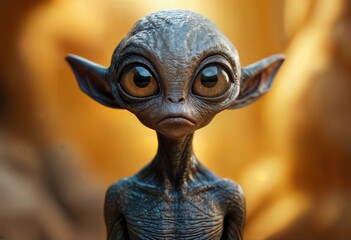 Obraz premium a strikingly detailed digital rendering portrays a melancholic, wide-eyed alien creature with smooth gray skin and large, expressive eyes against a blurred golden background.