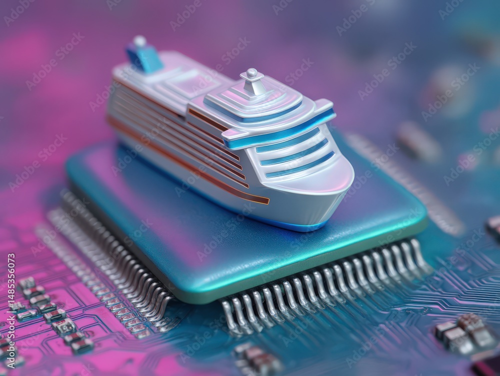 Poster a vibrant and imaginative representation of a cruise ship positioned atop a computer chip conveying 