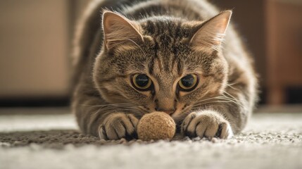 A cat is playing with a ball on the floor