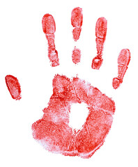 Real bloody hand print isolated on a transparent background. Completely in focus. Full depth of field. PNG.