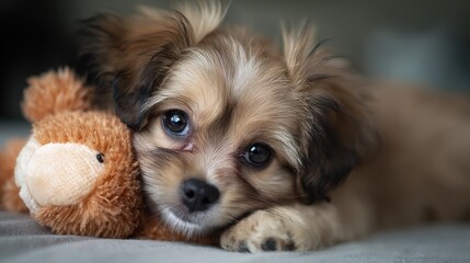 Adorable puppy resting near a soft toy.