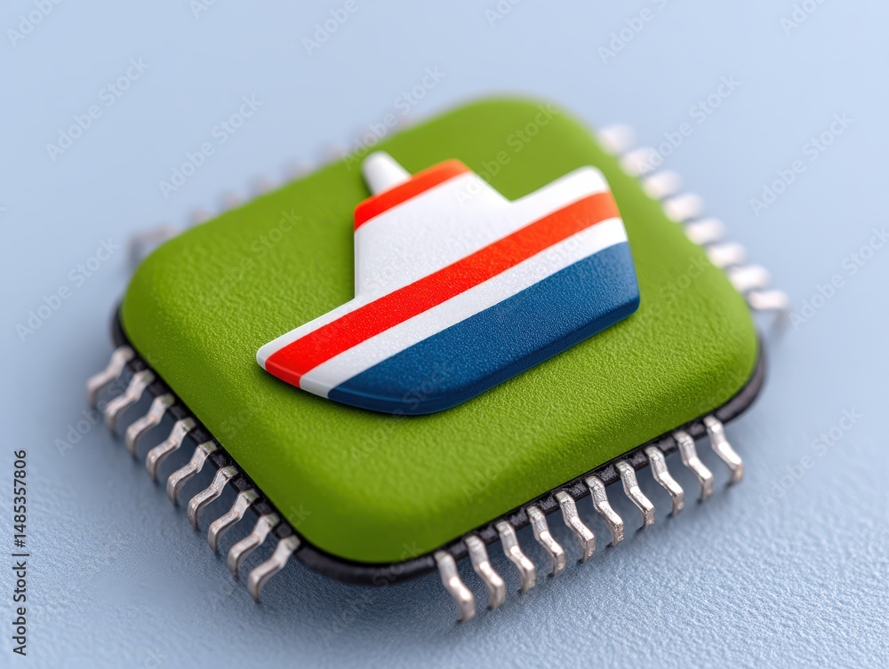 Poster innovative microprocessor design showcasing a ship icon on vibrant green background emphasizing tech