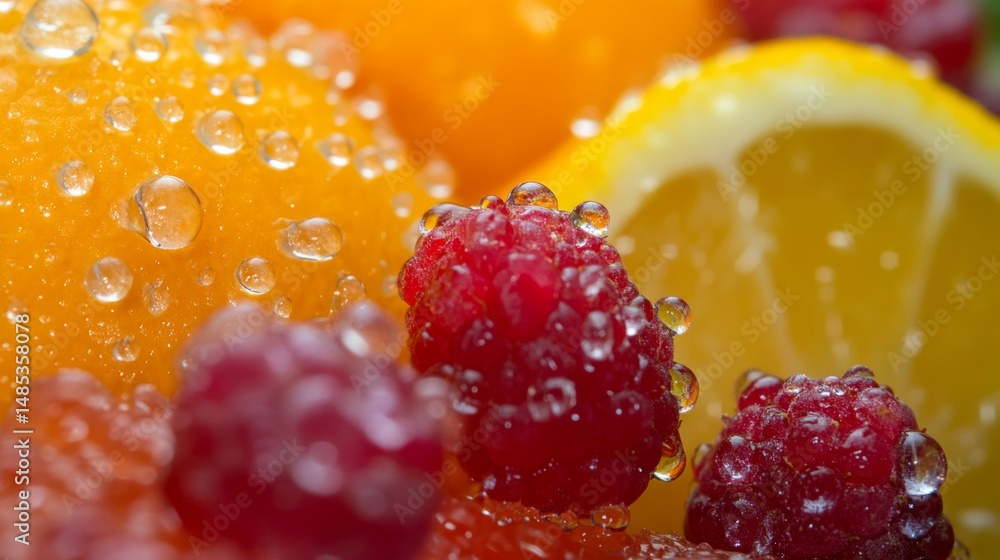 Poster a close up of a fruit salad with a raspberry and an orange