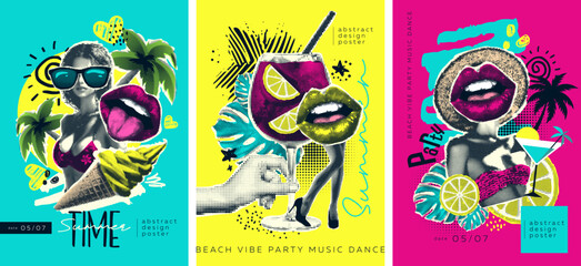 An exciting series of bold and colorful pop art collage illustrations on the theme of summer, beach and parties