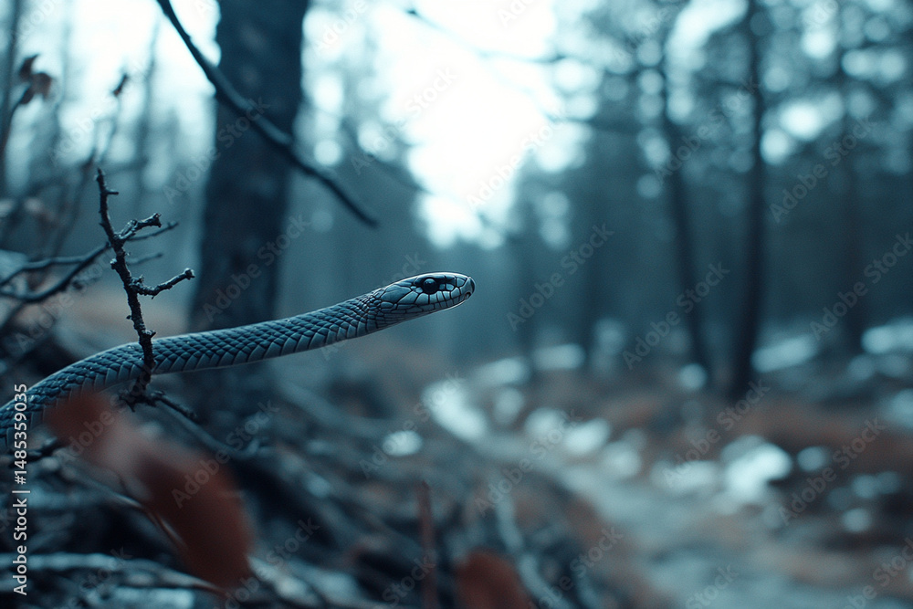 Poster snake coiled around tree branch in misty forest at dawn creating a sense of chaos and mystery