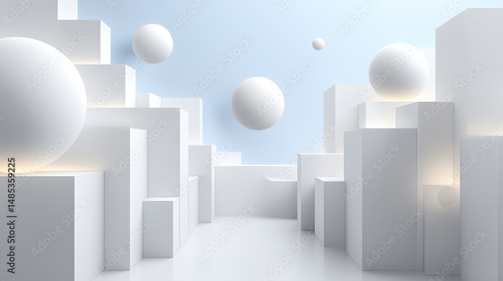 Poster abstract geometric scene with floating spheres digital space 3d render modern design aesthetic viewp