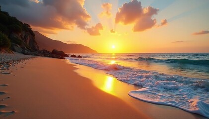 Golden sand beach at sunset, tranquil waves lapping the shore , sunset, tranquil