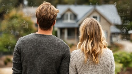 Couple looking at dream home suburban area real estate photography outdoor setting rear view aspirational living