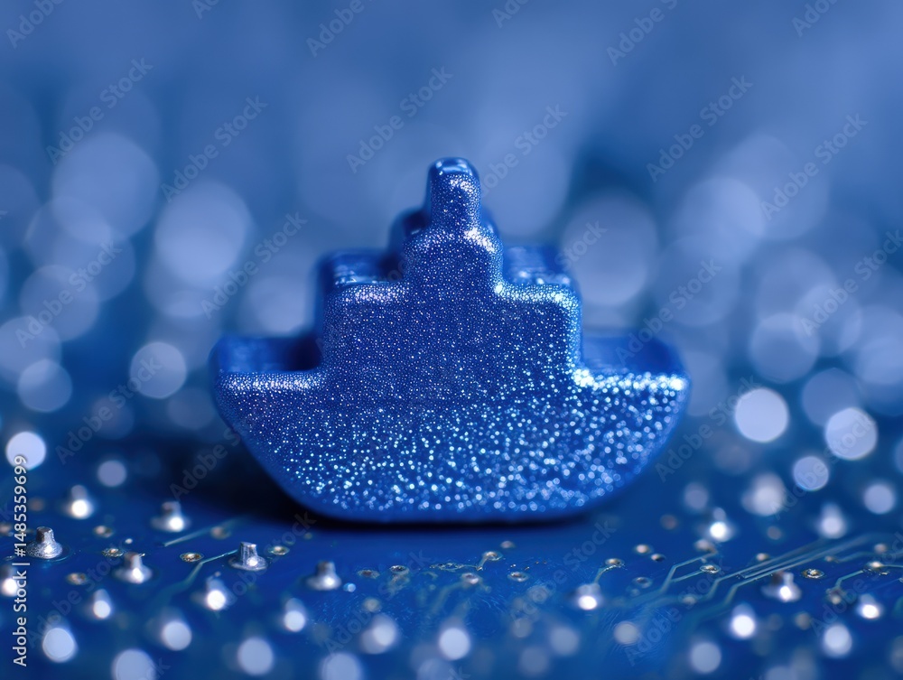 Poster captivating close-up of a sparkling blue ship figurine resting on a shiny blue circuit board surface