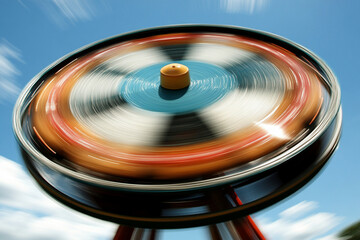 Spinning pinwheel creates a blur of vibrant colors against a bright sky on a windy day