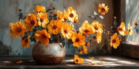 Bright Yellow Flowers in Rustic Wooden Vase Adding Warmth to Cozy Indoor Space