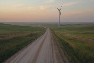 Obraz premium Spinning wind turbine at dusk along a rural road in an expansive landscape