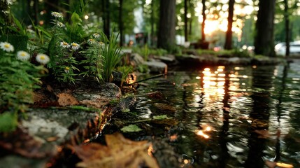 Naklejka premium Sunset pond in park