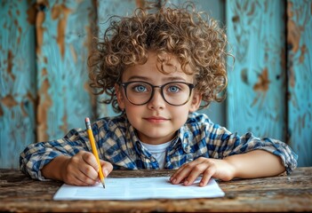 a young boy with curly hair and glasses intently writes on a piece of paper at a rustic wooden table against a weathered blue wooden wall.