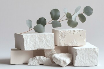 Elegant Minimalist Still Life with Eucalyptus and Stone Blocks
