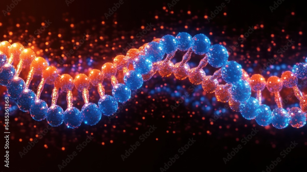 Poster close-up view of a glowing digital representation of a double helix dna strand with blue and orange 