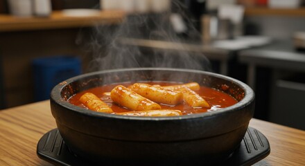 Steaming rice cakes in flavorful sauce