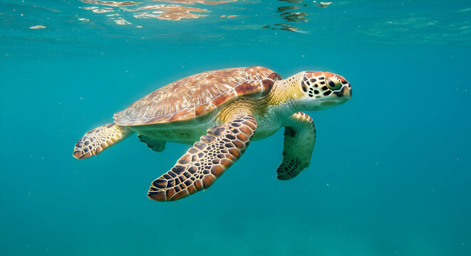 Sea Turtle Swimming Gracefully in Clear Ocean Water