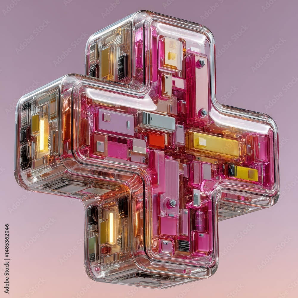 Poster digital art installation of a colorful medical cross modern gallery 3d render abstract environment c