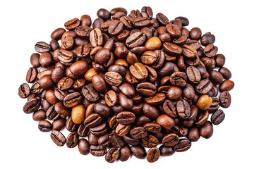 A delicious pile of roasted arabica coffee beans with rich brown tones and texture