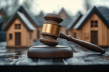 Close-up of a wooden judge's gavel resting on its base with blurred miniature wooden houses in the background evoking real estate law and property justice