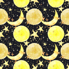 Hand Painted Celestial Pattern with Stars and Moons