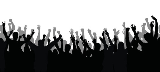 Vector silhouette of a cheering crowd with hands in the air - concert, festival, sport fans
