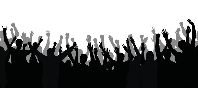 Vector silhouette of a cheering crowd with hands in the air - concert, festival, sport fans