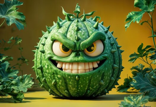 a whimsical and slightly menacing cartoon cucamelon with a spiky exterior and exaggerated facial features stands surrounded by lush green foliage.