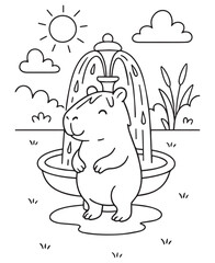 coloring book capybara stands in the refreshing water of a fountain under the bright sun and fluffy clouds