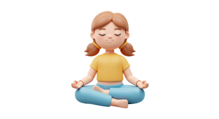 Cartoon girl meditating in lotus position for mindfulness and mental health 3d rendering illustration
