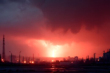 Naklejka premium Fiery Sunset over Industrial Landscape: The sky ablaze with dramatic hues of crimson and scarlet, the sun dips below the horizon, illuminating an industrial landscape silhouette with an intense.