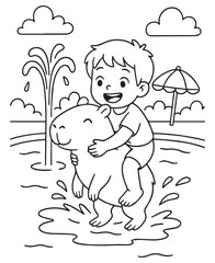 Coloring book  boy rides on the back of a smiling capybara in a splashing pool with a fountain and umbrella under sunny clouds