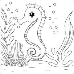 Cute Seahorse in an Underwater Garden Line Art Coloring Page