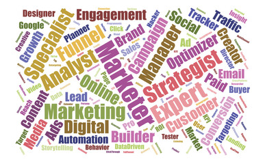 "Editable Digital Marketers Word Cloud – Tech Typography Art with SEO, Analytics & Campaign Terms (Custom Vector Template)"